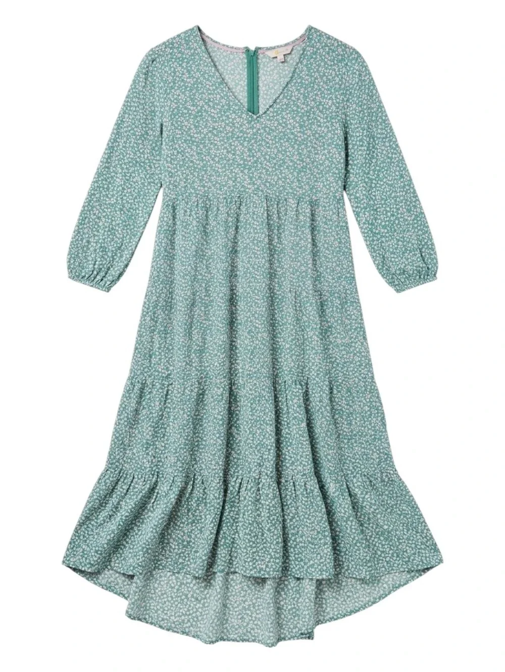 Boden Green Pink Flowers Floral Hi Low Tiered Dress Cottage Core Size 8 Petite